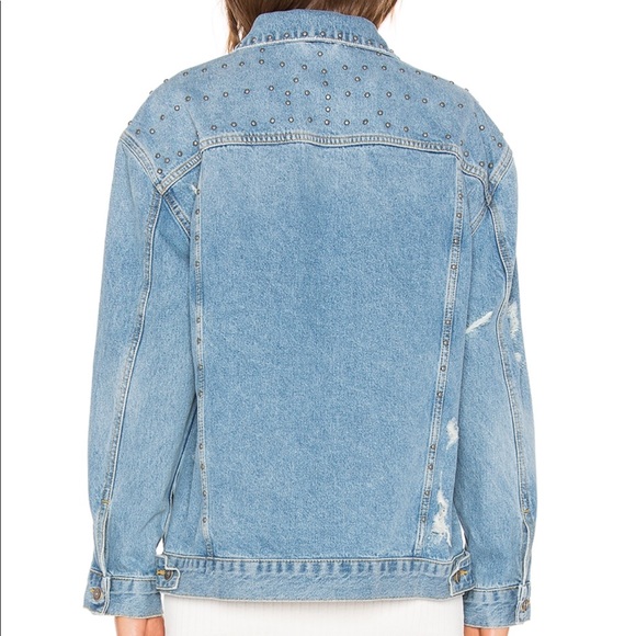 Free People Studded Denim Trucker Jacket in Blue. - Picture 3 of 4